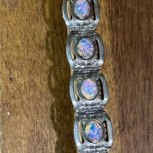 Vintage Mexican Alpaca Fire Opal Glass Cabochon Panel Bracelet
